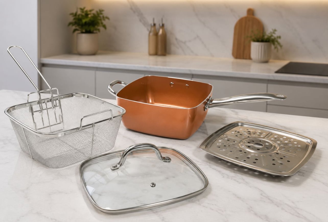 COPPER PAN MULTIFUNCIONAL 25 CM CON COLADOR, REJILLA DE VAPOR Y TAPA DE VIDRIO - 1