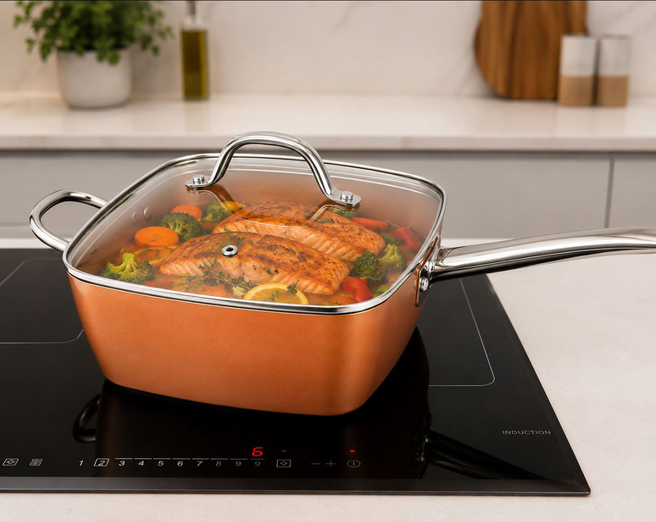 COPPER PAN MULTIFUNCIONAL 25 CM CON COLADOR, REJILLA DE VAPOR Y TAPA DE VIDRIO - 2