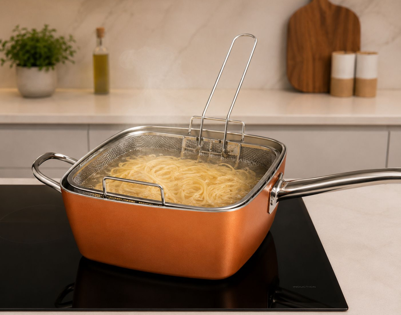 COPPER PAN MULTIFUNCIONAL 25 CM CON COLADOR, REJILLA DE VAPOR Y TAPA DE VIDRIO - 3