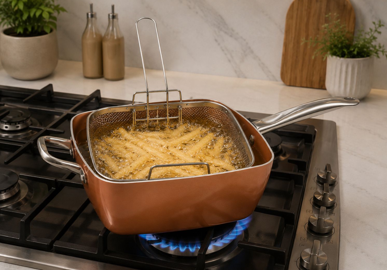 COPPER PAN MULTIFUNCIONAL 25 CM CON COLADOR, REJILLA DE VAPOR Y TAPA DE VIDRIO - 4