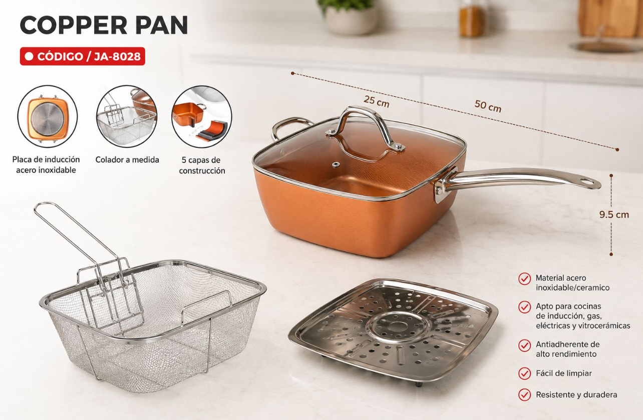COPPER PAN MULTIFUNCIONAL 25 CM CON COLADOR, REJILLA DE VAPOR Y TAPA DE VIDRIO - 6
