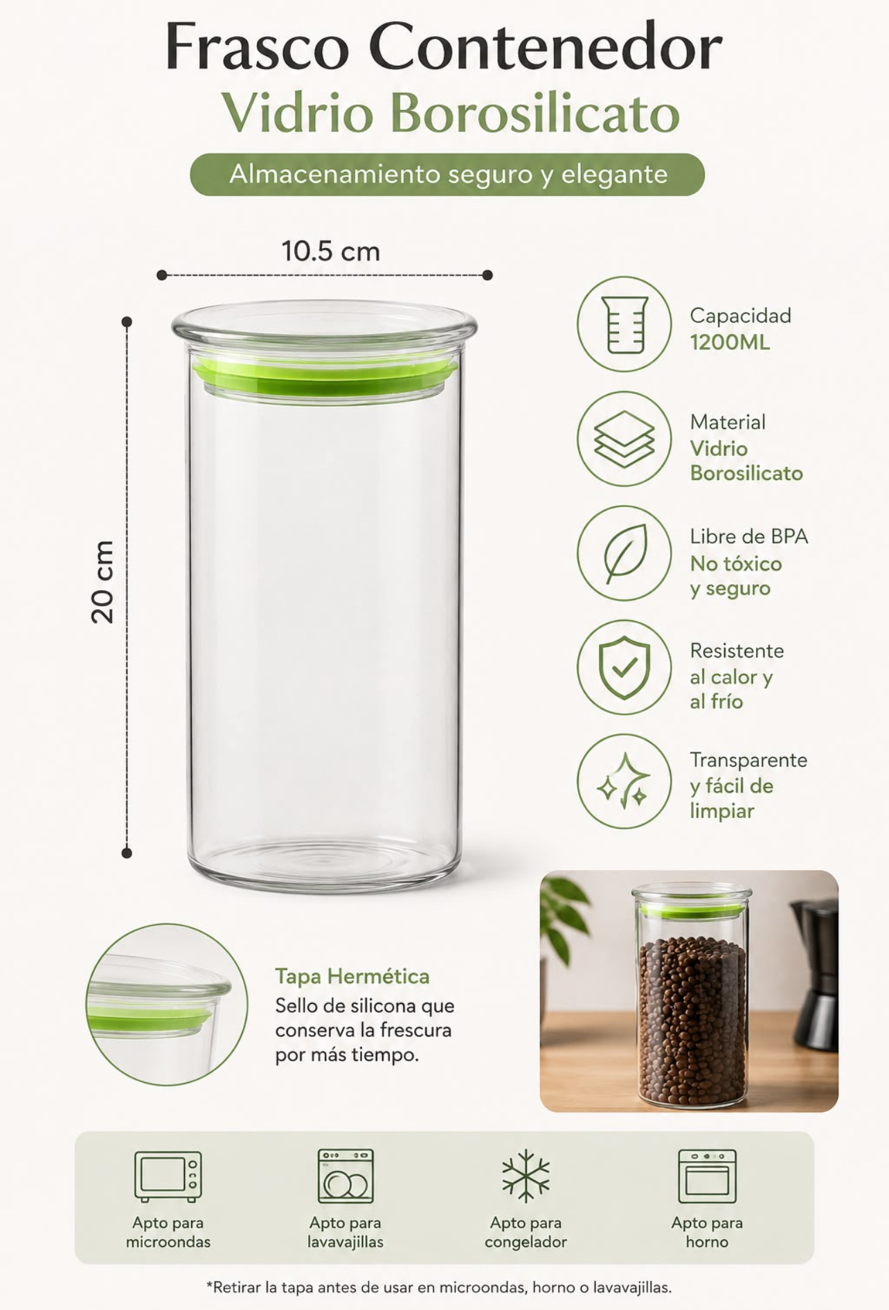 FRASCO CONTENEDOR HERMÉTICO DE VIDRIO BOROSILICATO 1200 M - 9