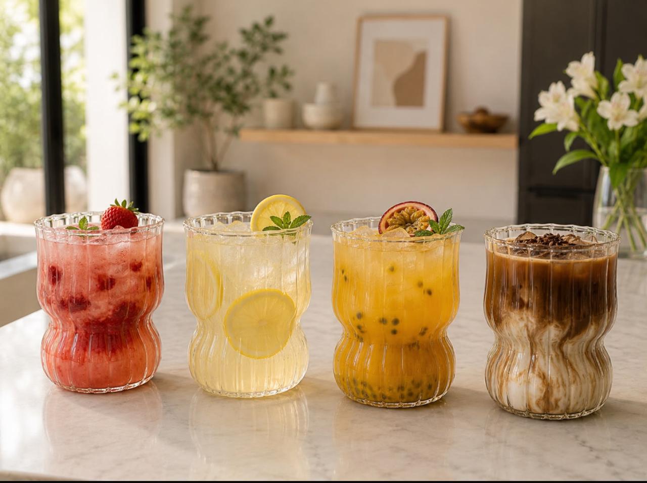 4 VASOS DE VIDRIO BOROSILICATO 350 ML TRANSPARENTE DISEÑO ACANALADO - 5