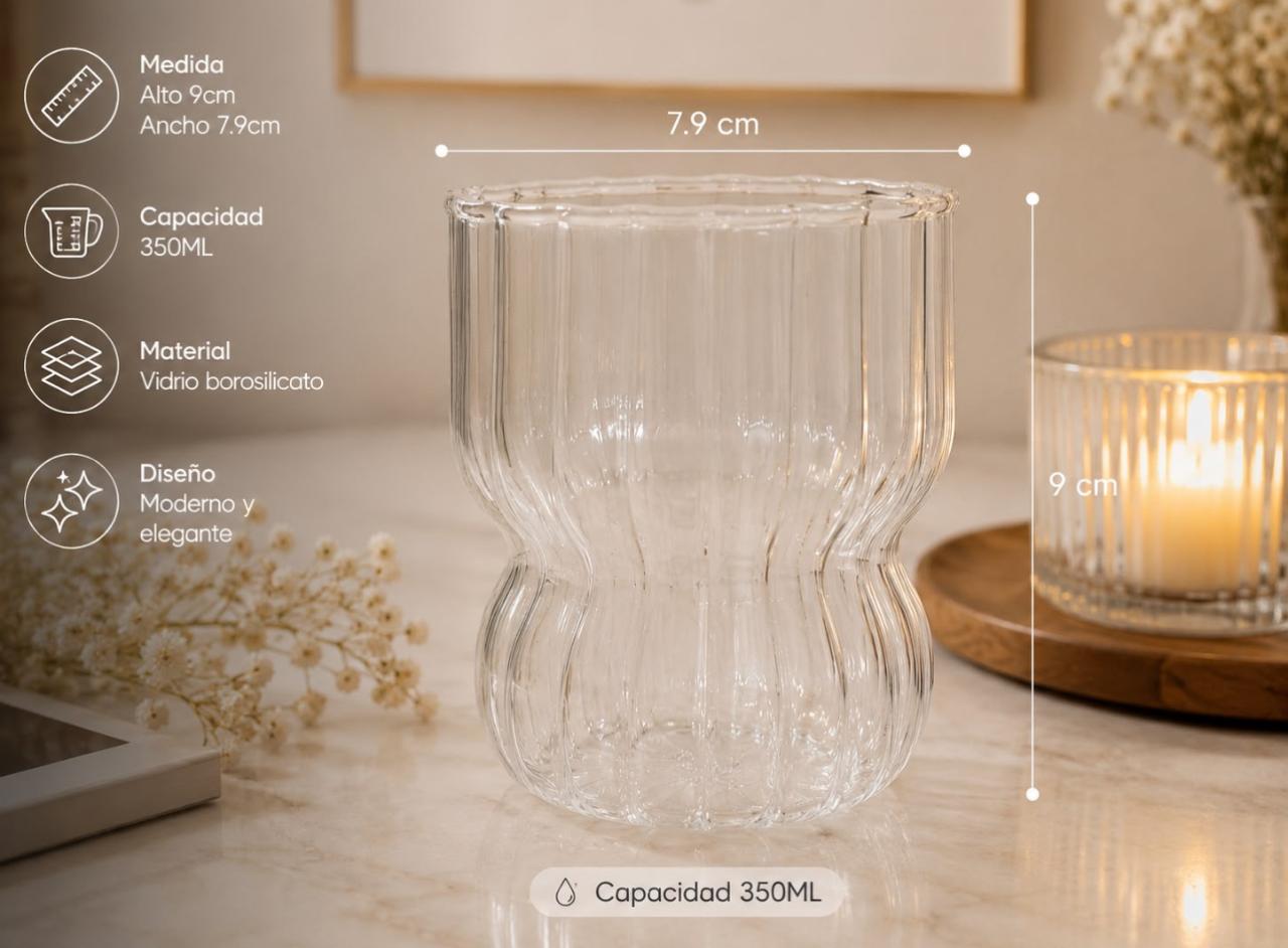 4 VASOS DE VIDRIO BOROSILICATO 350 ML TRANSPARENTE DISEÑO ACANALADO - 6