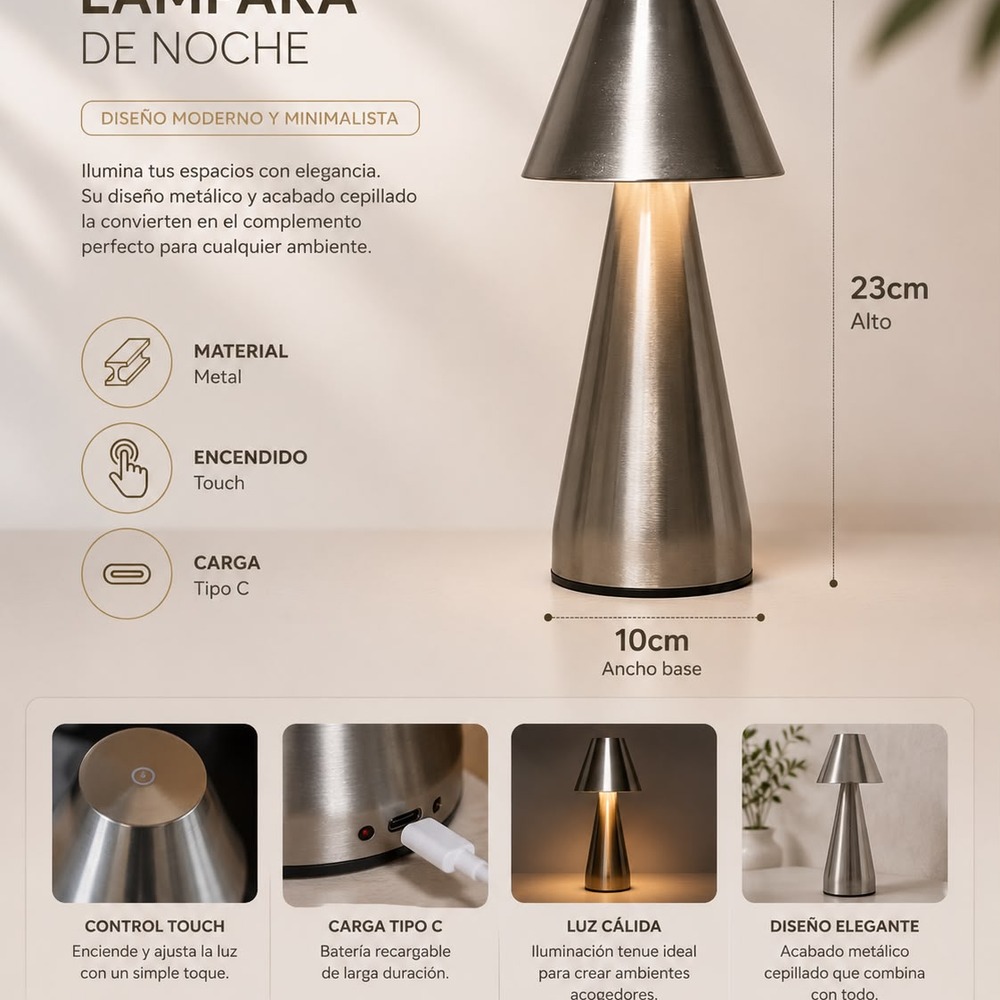 LÁMPARA DE NOCHE LED TOUCH RECARGABLE TIPO C - 4