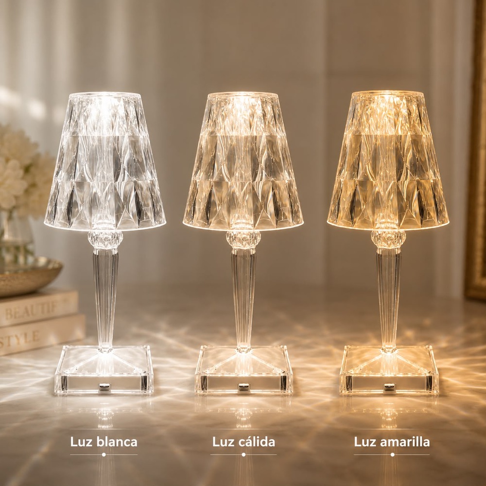 LÁMPARA DE NOCHE LED TOUCH RECARGABLE USB 3 TONOS EFECTO CRISTAL - 2