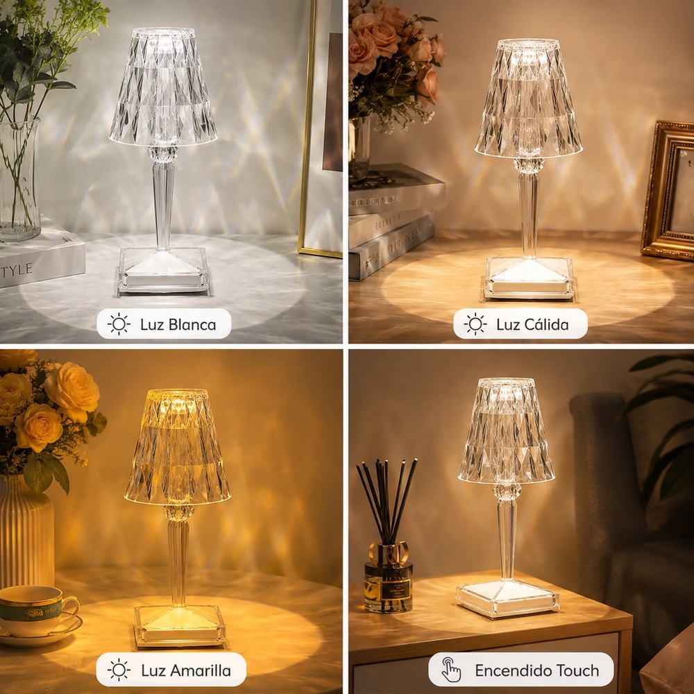 LÁMPARA DE NOCHE LED TOUCH RECARGABLE USB 3 TONOS EFECTO CRISTAL - 3