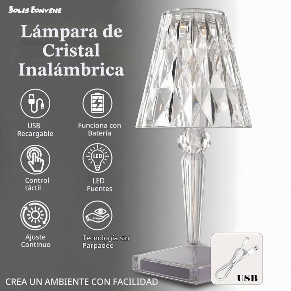 LÁMPARA DE NOCHE LED TOUCH RECARGABLE USB 3 TONOS EFECTO CRISTAL - 4