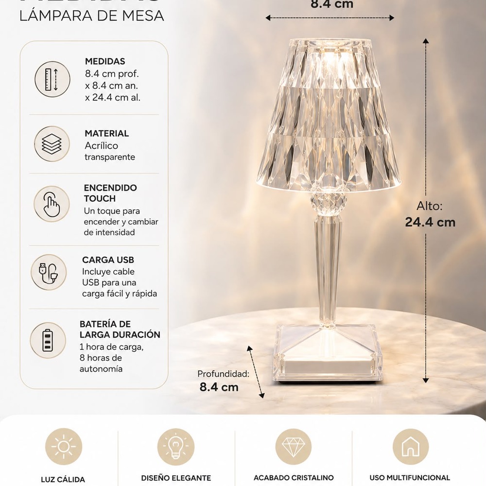 LÁMPARA DE NOCHE LED TOUCH RECARGABLE USB 3 TONOS EFECTO CRISTAL - 5