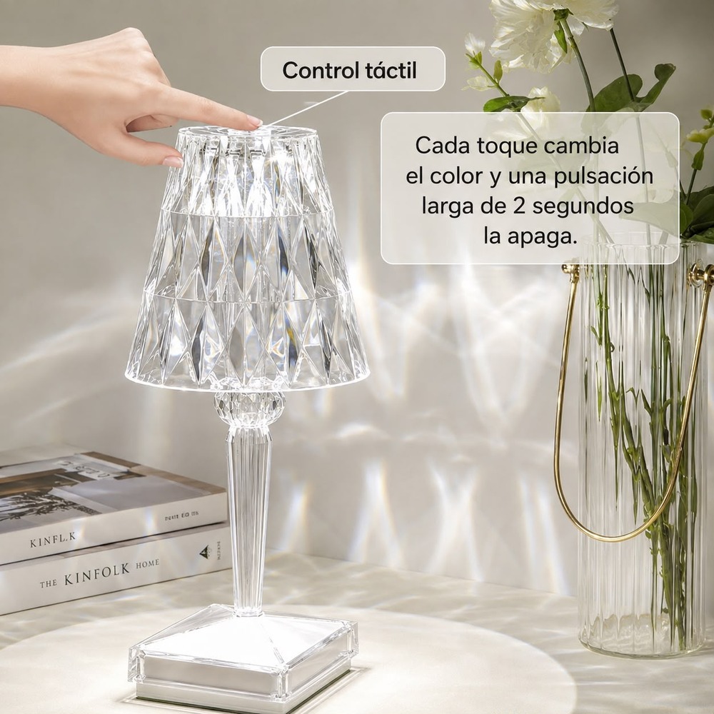 LÁMPARA DE NOCHE LED TOUCH RECARGABLE USB 3 TONOS EFECTO CRISTAL - 6