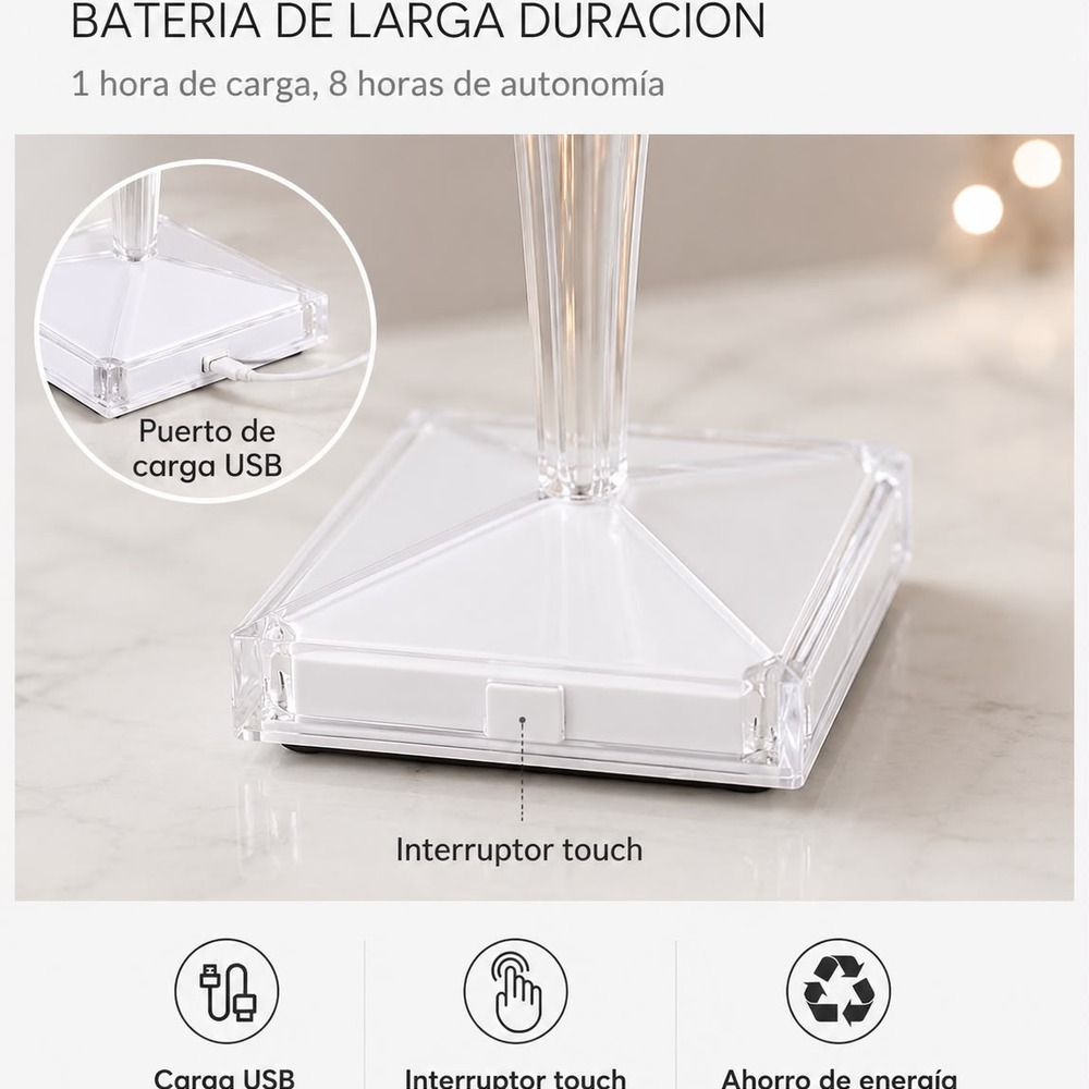 LÁMPARA DE NOCHE LED TOUCH RECARGABLE USB 3 TONOS EFECTO CRISTAL - 7