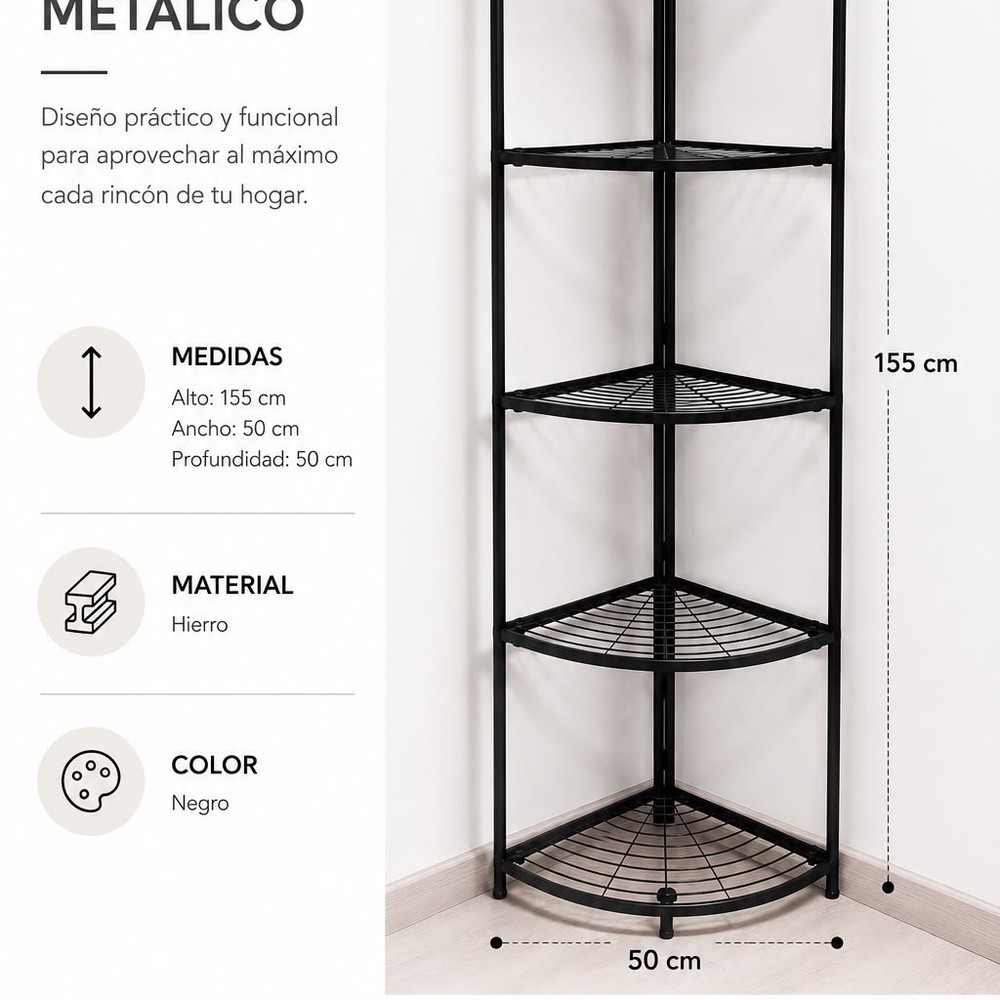 ESTANTE ESQUINERO METÁLICO DE 5 NIVELES ORGANIZADOR HIERRO NEGRO - 6