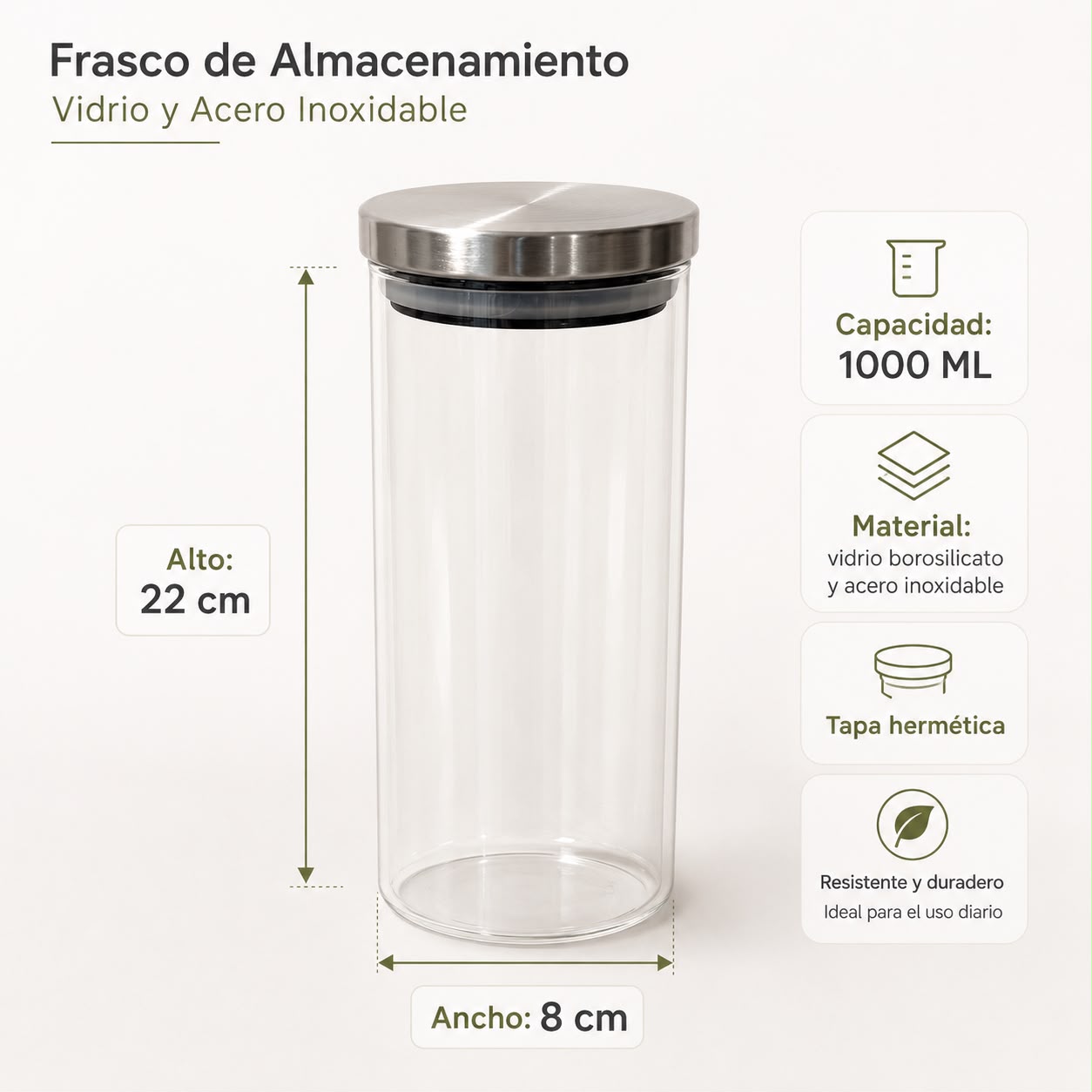 FRASCO HERMÉTICO DE VIDRIO BOROSILICATO 1000 ML CON TAPA DE ACERO INOXIDABLE - 6