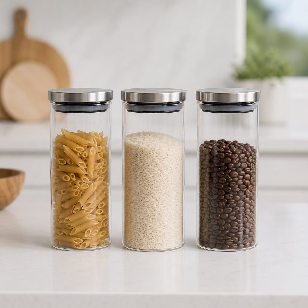 3 FRASCOS HERMÉTICOS DE VIDRIO BOROSILICATO 1000 ML CON TAPA DE ACERO INOXIDABLE - 1
