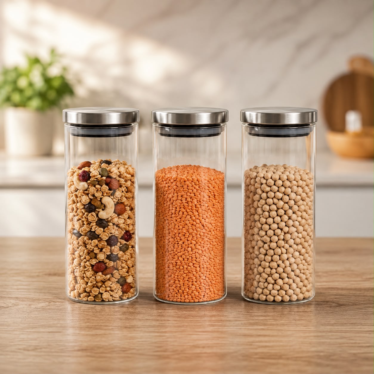 3 FRASCOS HERMÉTICOS DE VIDRIO BOROSILICATO 1000 ML CON TAPA DE ACERO INOXIDABLE - 2
