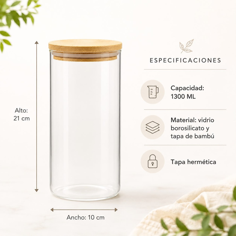 FRASCO HERMÉTICO DE VIDRIO BOROSILICATO CON TAPA DE BAMBÚ 1300 ML - 6