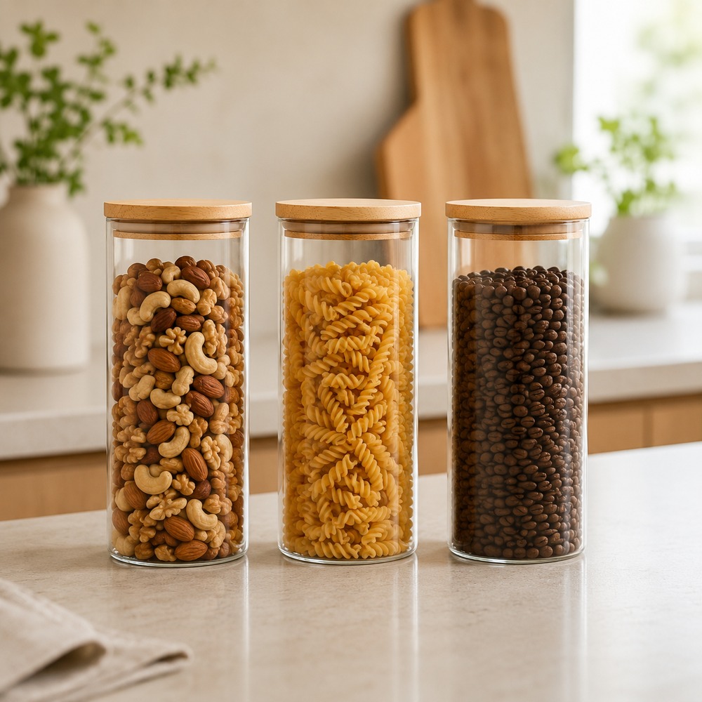 3 CONTENEDORES DE VIDRIO PARA ALIMENTOS CON TAPA HERMÉTICA DE BAMBÚ 1.3 L - 1