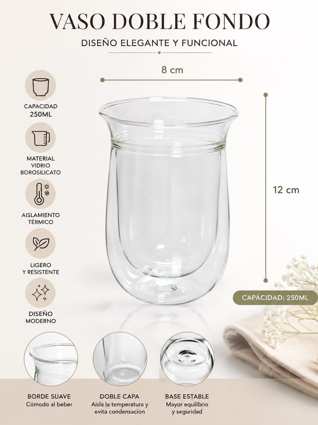 6 VASOS DE VIDRIO BOROSILICATO DOBLE FONDO 250 ML - 7