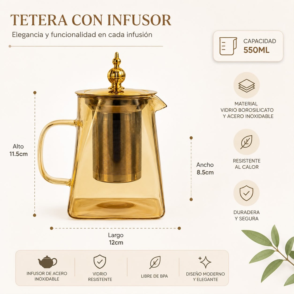 TETERA GOLD DE VIDRIO BOROSILICATO CON INFUSOR DE ACERO INOXIDABLE 550 ML - 6