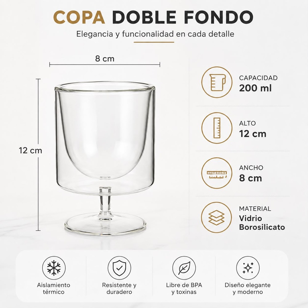 6 COPAS DOBLE FONDO DE VIDRIO BOROSILICATO 200 ML PARA HELADOS Y POSTRES - 7