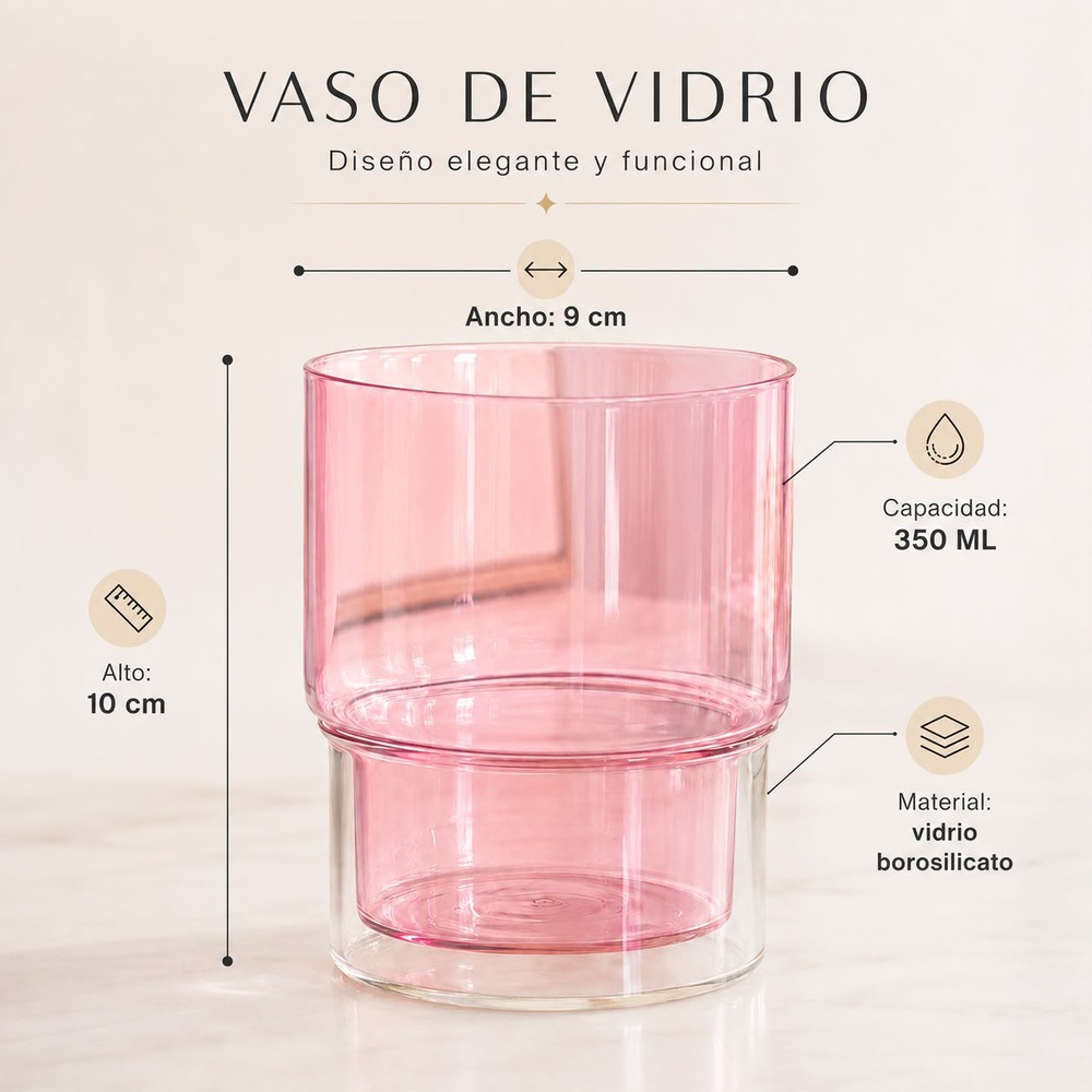 6 VASOS DOBLE PARED ROSADO 350 ML PARA BEBIDAS FRIAS Y CALIENTES - 7