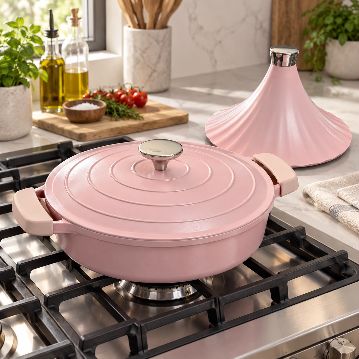 OLLA TAJÍN DE ALUMINIO FUNDIDO 28 CM CON 2 TAPAS ROSA - 1