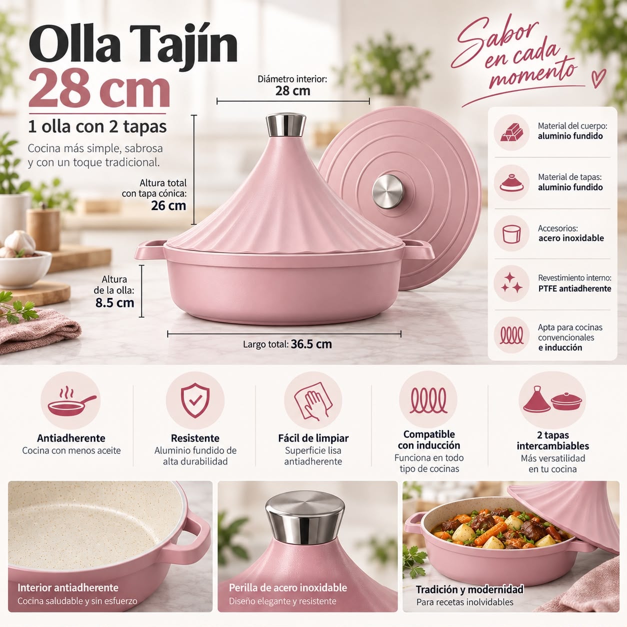 OLLA TAJÍN DE ALUMINIO FUNDIDO 28 CM CON 2 TAPAS ROSA - 2