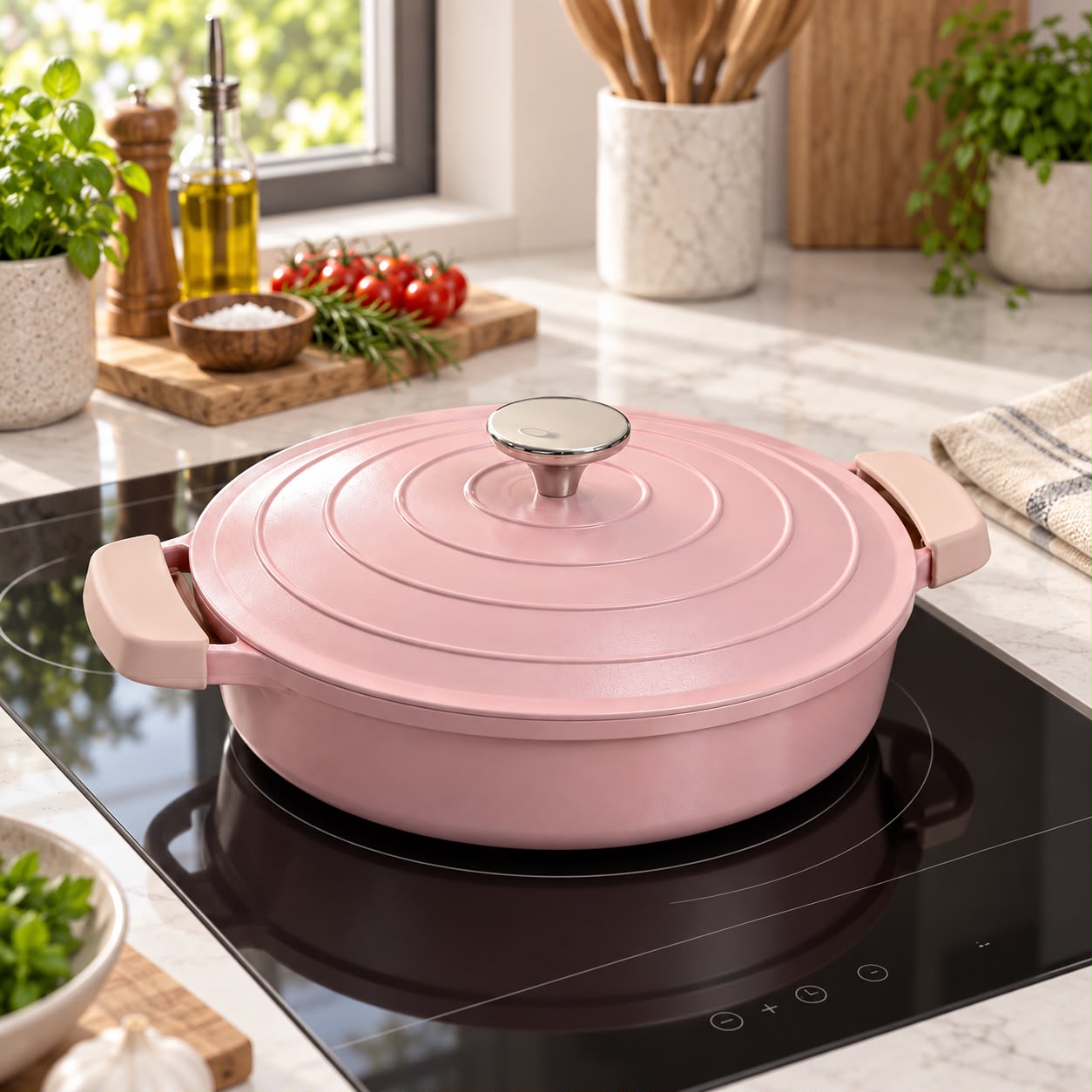 OLLA TAJÍN DE ALUMINIO FUNDIDO 28 CM CON 2 TAPAS ROSA - 5