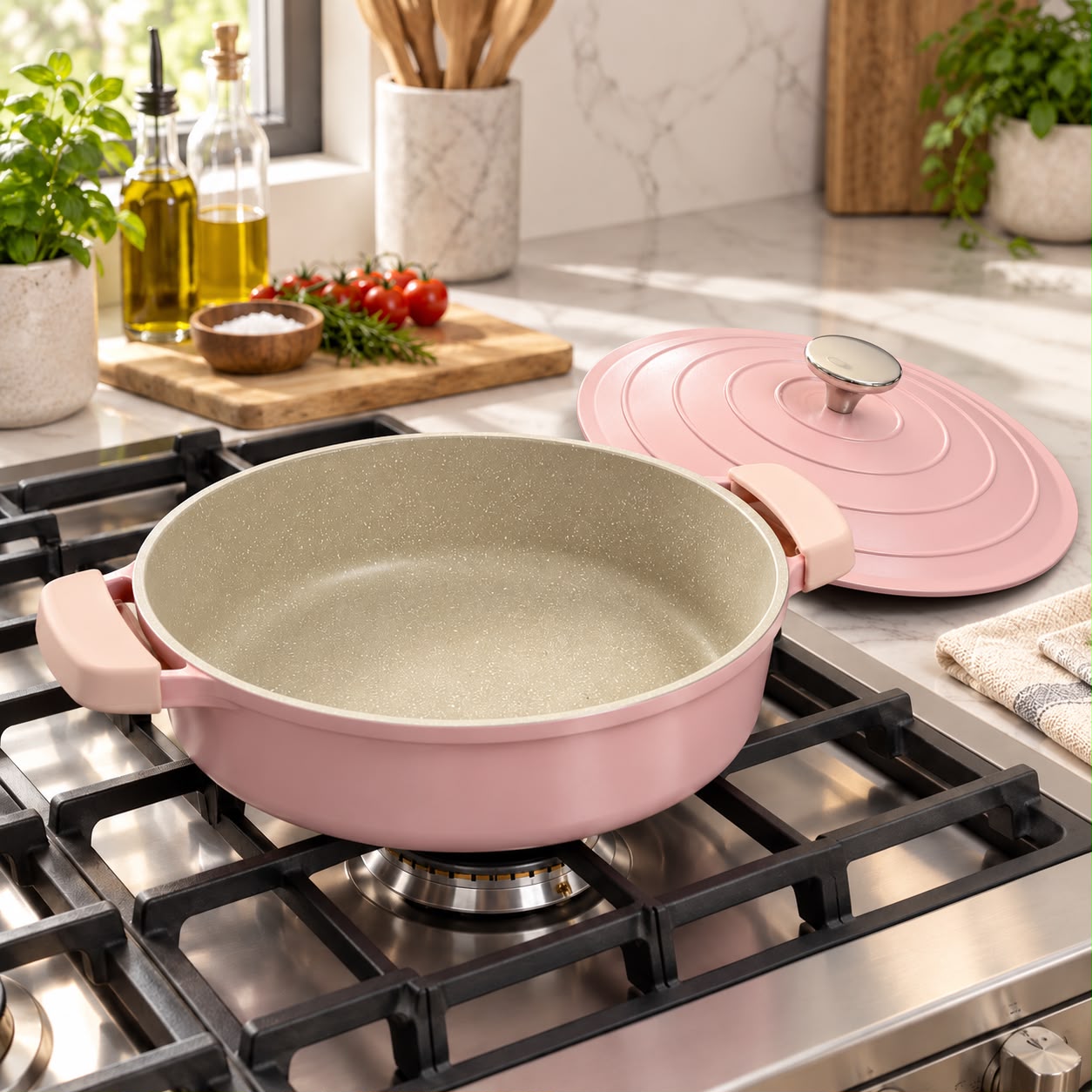 OLLA TAJÍN DE ALUMINIO FUNDIDO 28 CM CON 2 TAPAS ROSA - 6