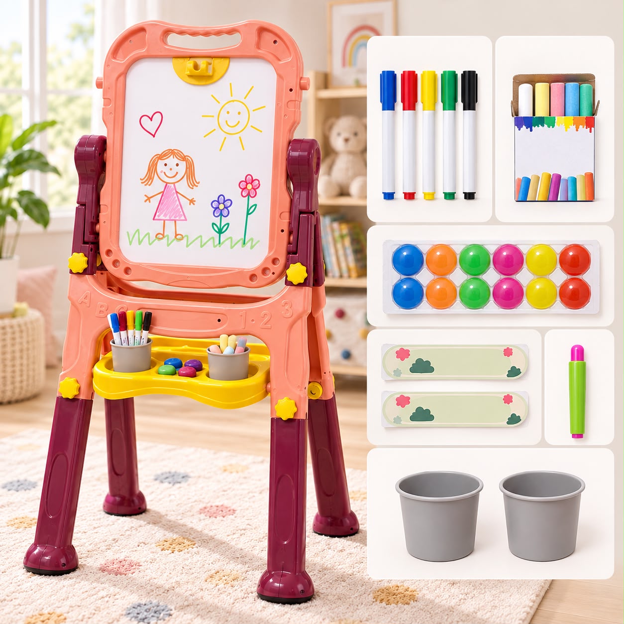 CABALLETE INFANTIL 2 EN 1 PIZARRA MAGNÉTICA 360° CON ACCESORIOS - 3
