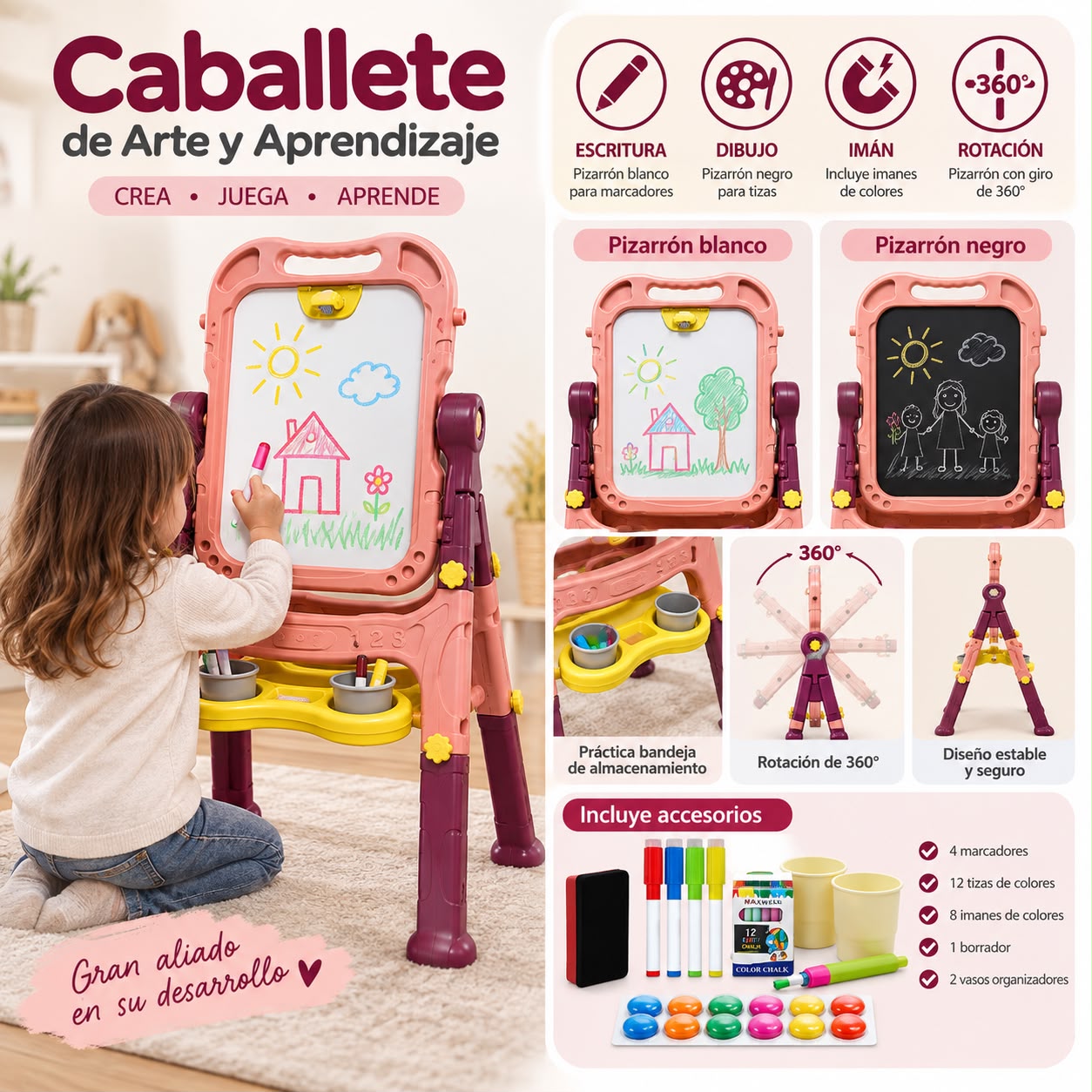 CABALLETE INFANTIL 2 EN 1 PIZARRA MAGNÉTICA 360° CON ACCESORIOS - 5