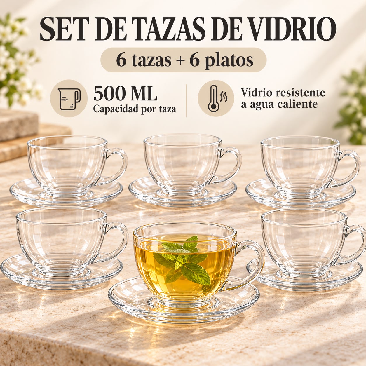 SET DE 6 TAZAS Y 6 PLATOS DE VIDRIO DE 500 ML – 12 PIEZAS - 7