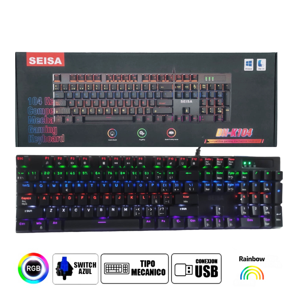 TECLADO MECANICO PARA PC LAPTOP LUZ RGB EFECTO ARCOIRIS CABLE USB - 1