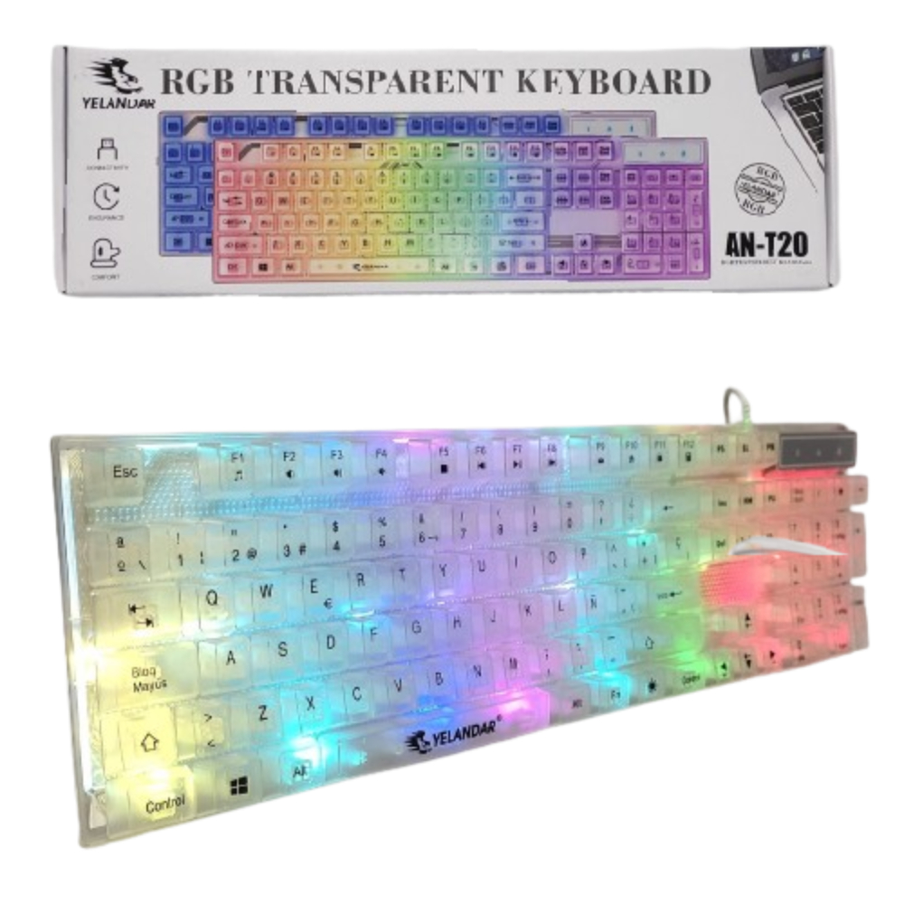 TECLADO PARA PC LAPTOP ALAMBRICO TRANSPARENTE LUZ RGB 7 COLORES - 1