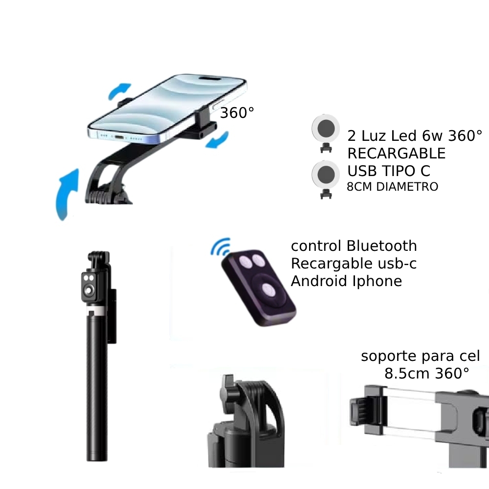 TRIPODE CONTROL BLUETOOH LUZ LED 170CM NEGRO PALO SELFIE - 2