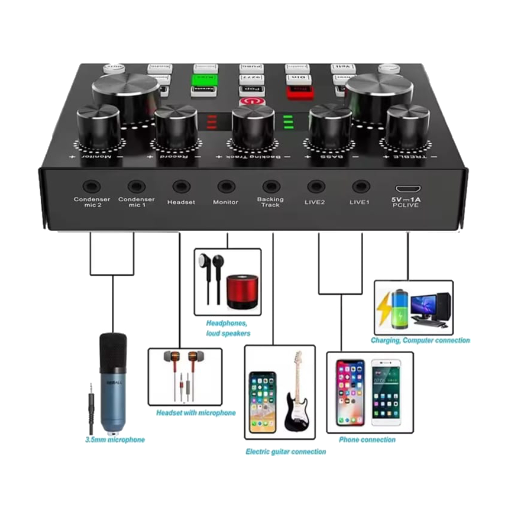 TARJETA DE SONIDO V8S RECARGABLE PARA MICROFONO PC CELULAR - 3