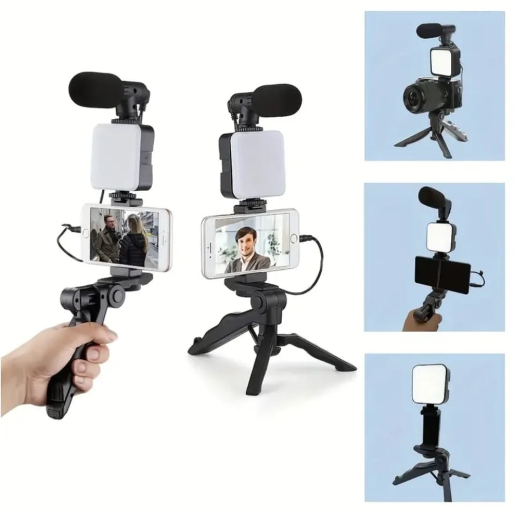 MICROFONO CON LUZ LED RECARGABLE MINI TRIPODE PARA CELULAR - 1