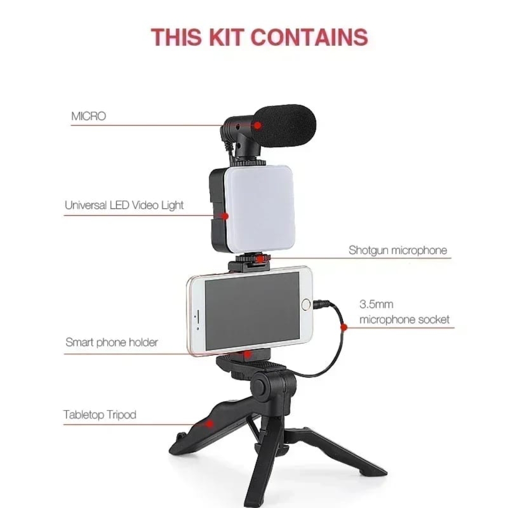 MICROFONO CON LUZ LED RECARGABLE MINI TRIPODE PARA CELULAR - 4