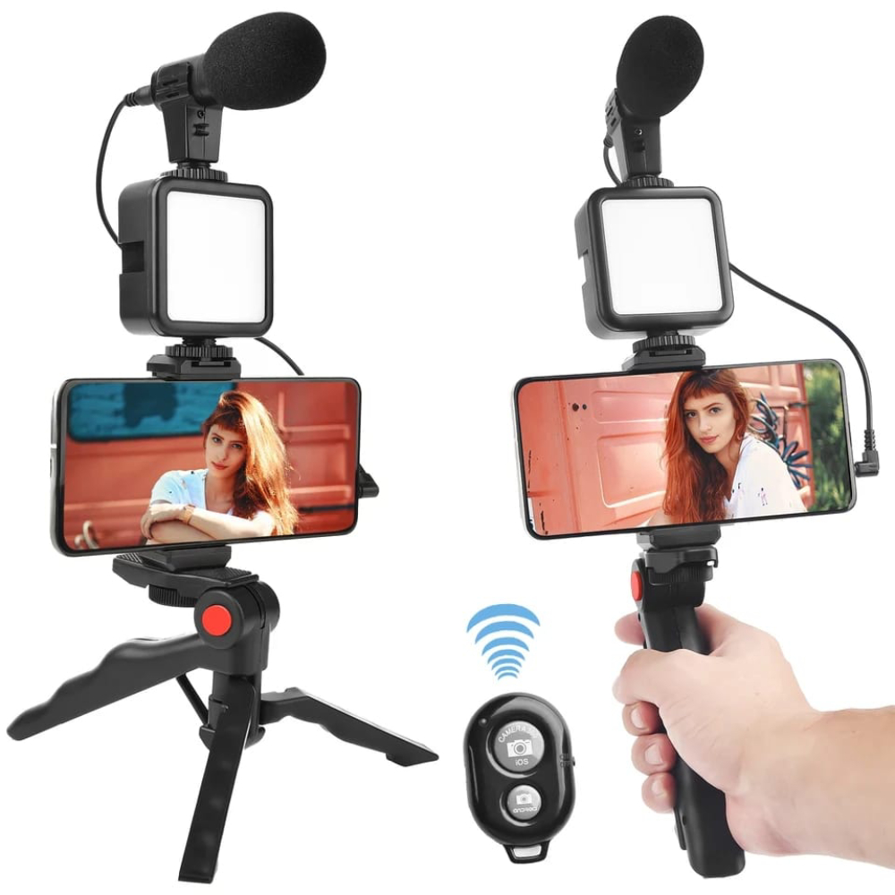 MICROFONO CON LUZ LED RECARGABLE MINI TRIPODE PARA CELULAR - 6