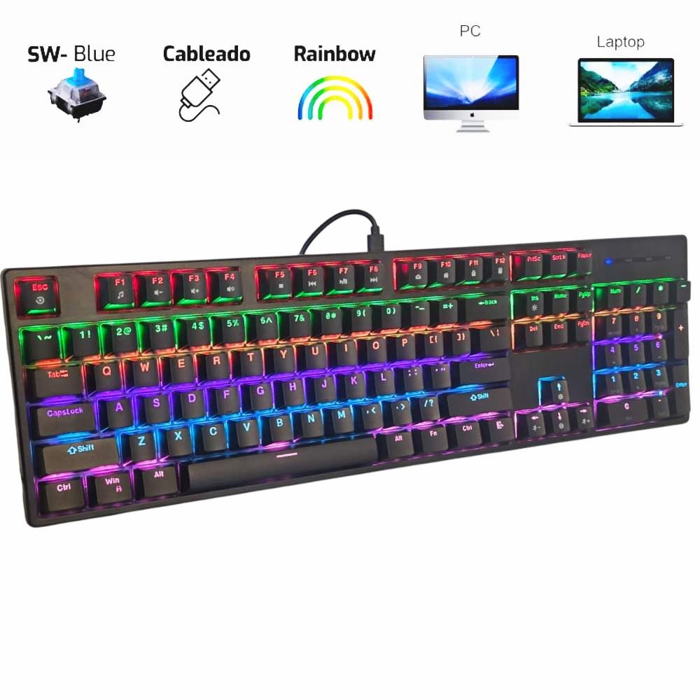 TECLADO MECANICO GAMER RGB EFECTO ARCOIRIS CABLE USB - 1