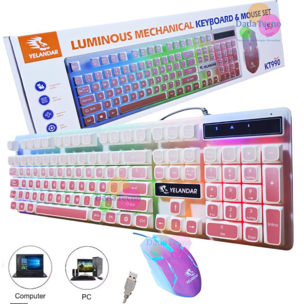KIT TECLADO Y MOUSE ALAMBRICO PARA PC LAPTOP LUZ RGB BLANCO ROSADO KT990 - 1