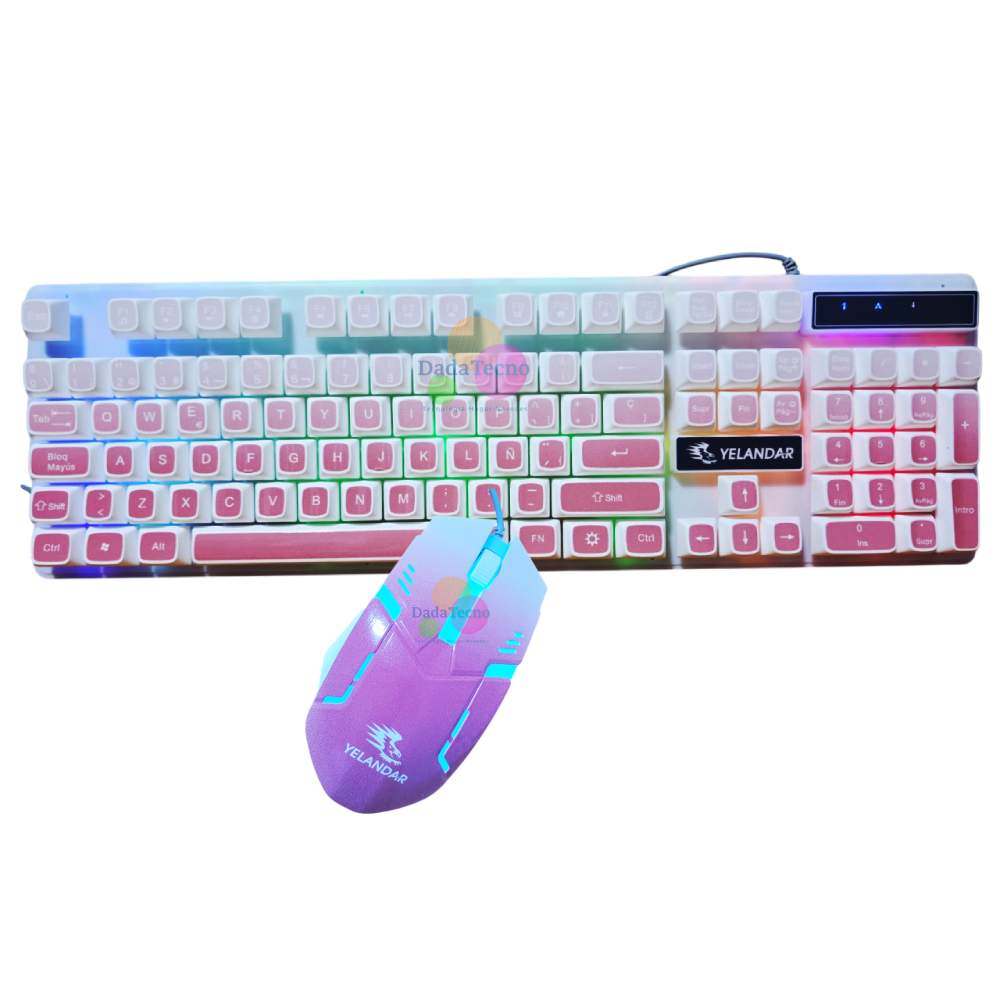 KIT TECLADO Y MOUSE ALAMBRICO PARA PC LAPTOP LUZ RGB BLANCO ROSADO KT990 - 2