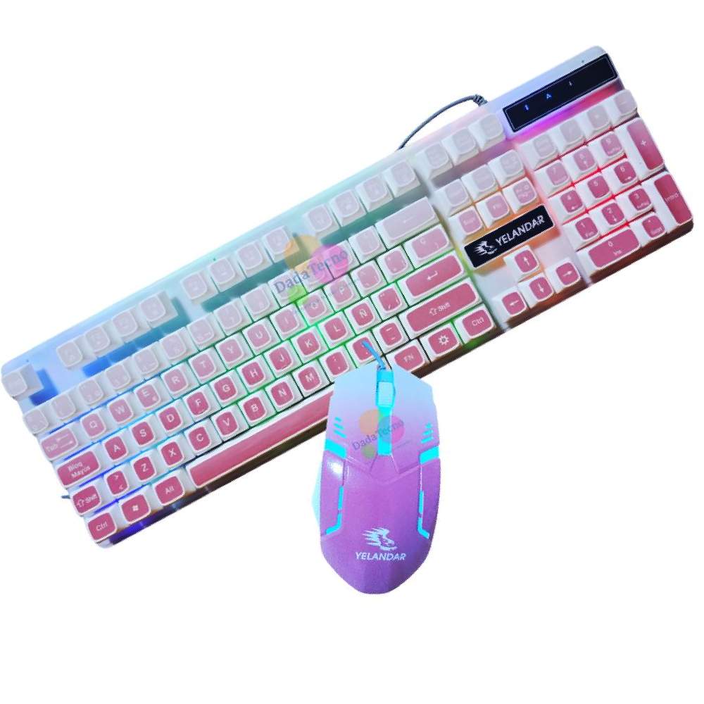 KIT TECLADO Y MOUSE ALAMBRICO PARA PC LAPTOP LUZ RGB BLANCO ROSADO KT990 - 3
