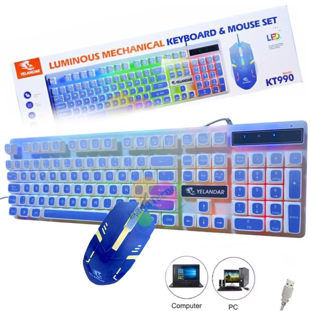 KIT TECLADO Y MOUSE LUZ RGB ALAMBRICO PARA PC LAPTOP BLANCO AZUL KT990 - 1