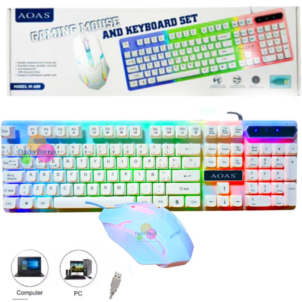 KIT TECLADO Y MOUSE GAMER PARA PC LAPTOP CABLE USB LUZ RGB BLANCO M-400 - 1