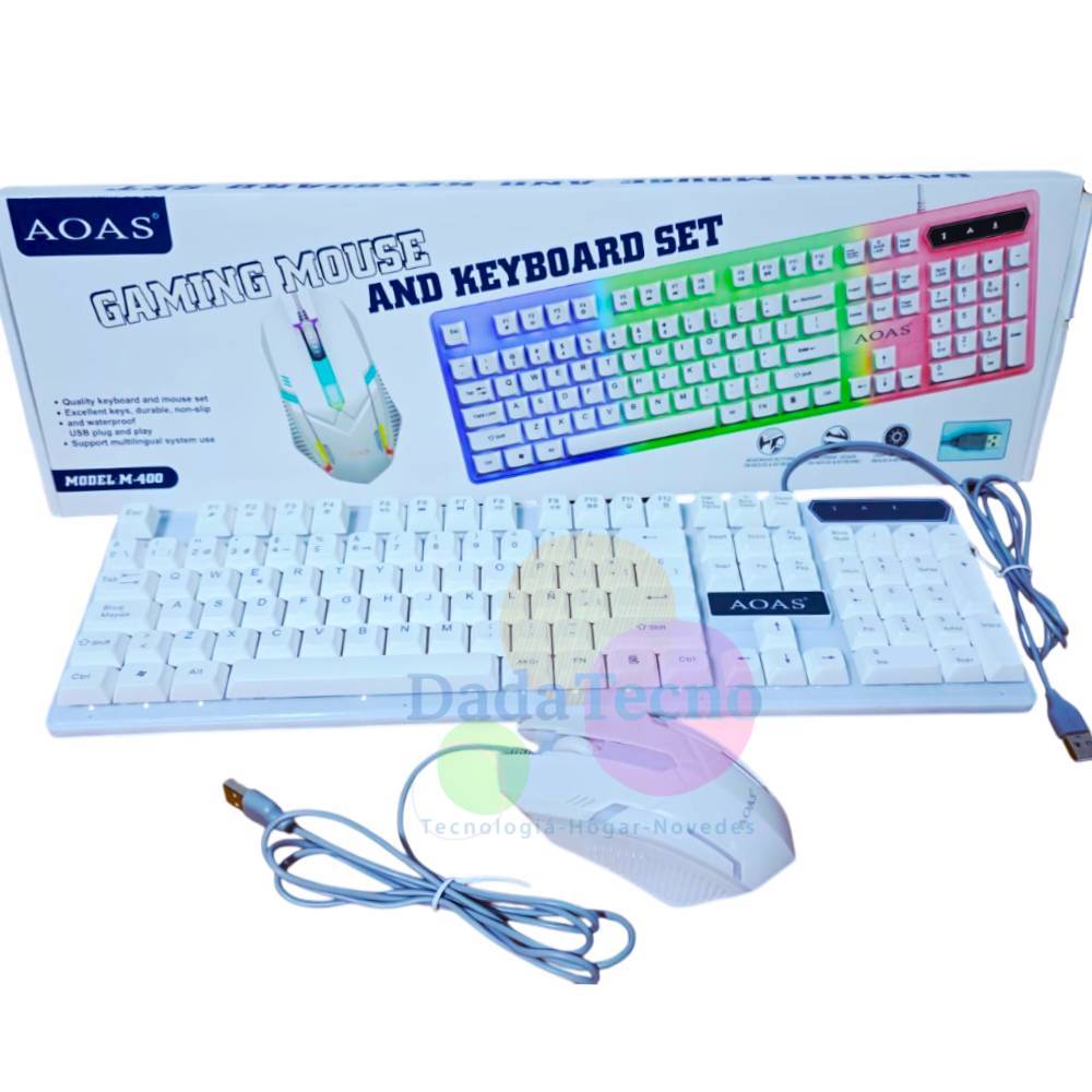 KIT TECLADO Y MOUSE GAMER PARA PC LAPTOP CABLE USB LUZ RGB BLANCO M-400 - 3