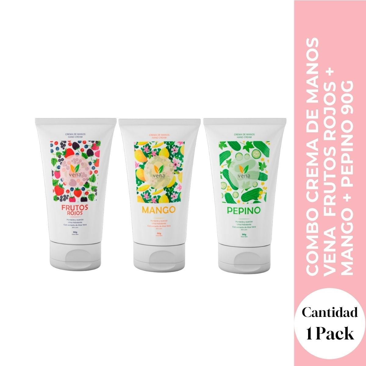COMBO CREMA DE MANOS VENA FRUTOS ROJOS + MANGO + PEPINO 90G - TRIO HIDRATANTE PARA TUS MANOS - 1