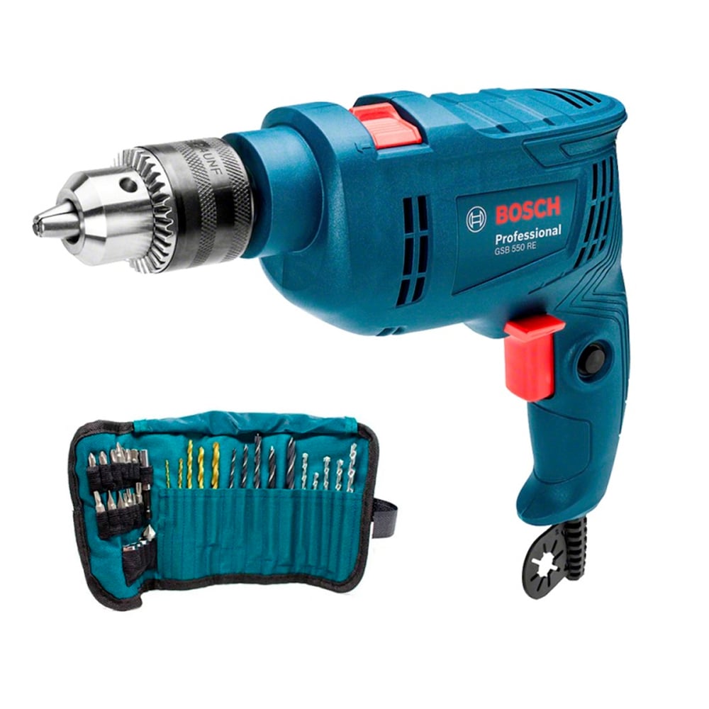 TALADRO PERCUTOR GSB 550 RE BOSCH 550W + 34 ACCESORIOS - 1