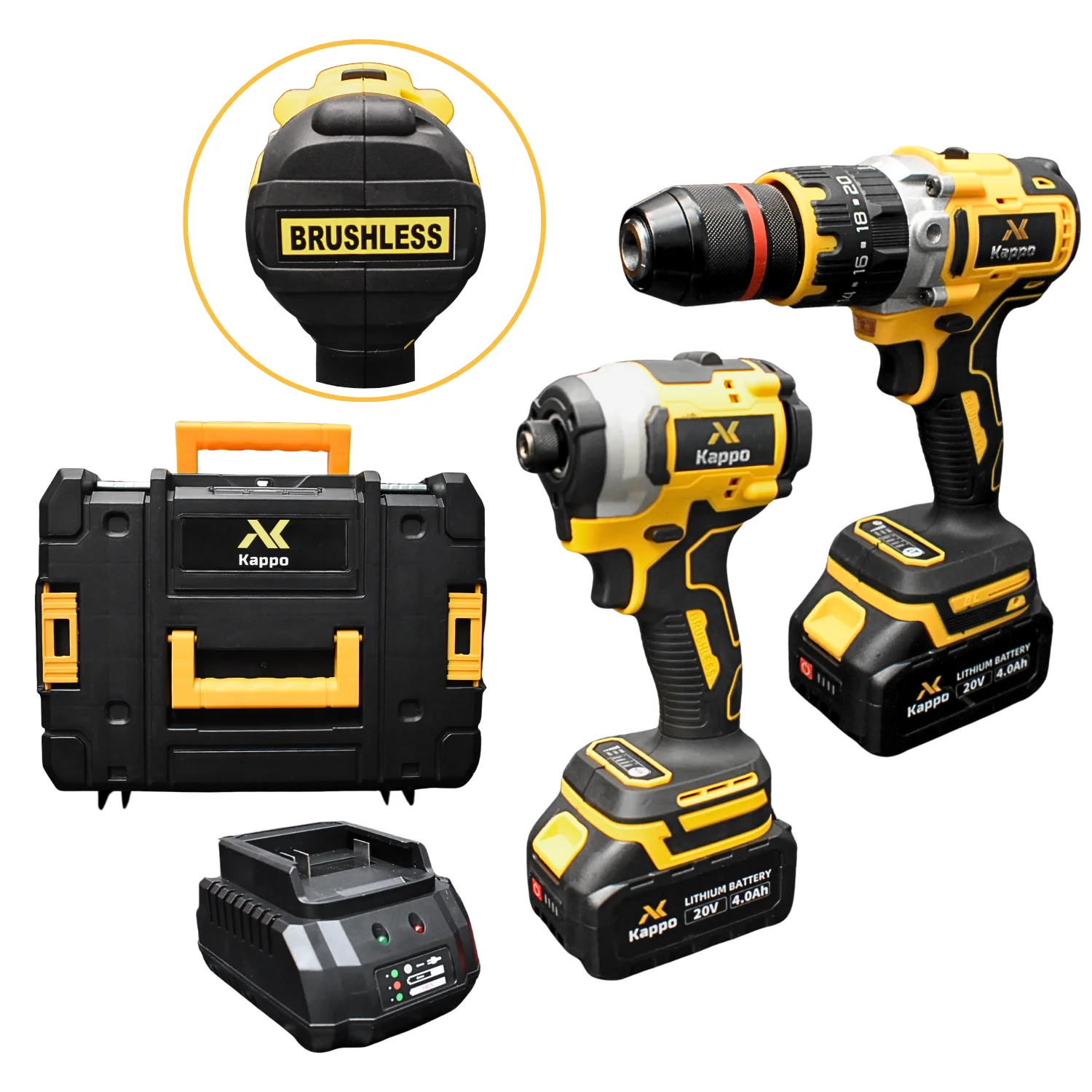 KIT BRUSHLESS 20V ATORNILLADOR IMPACTO + TALADRO PERCUTOR - KAPPO - 1