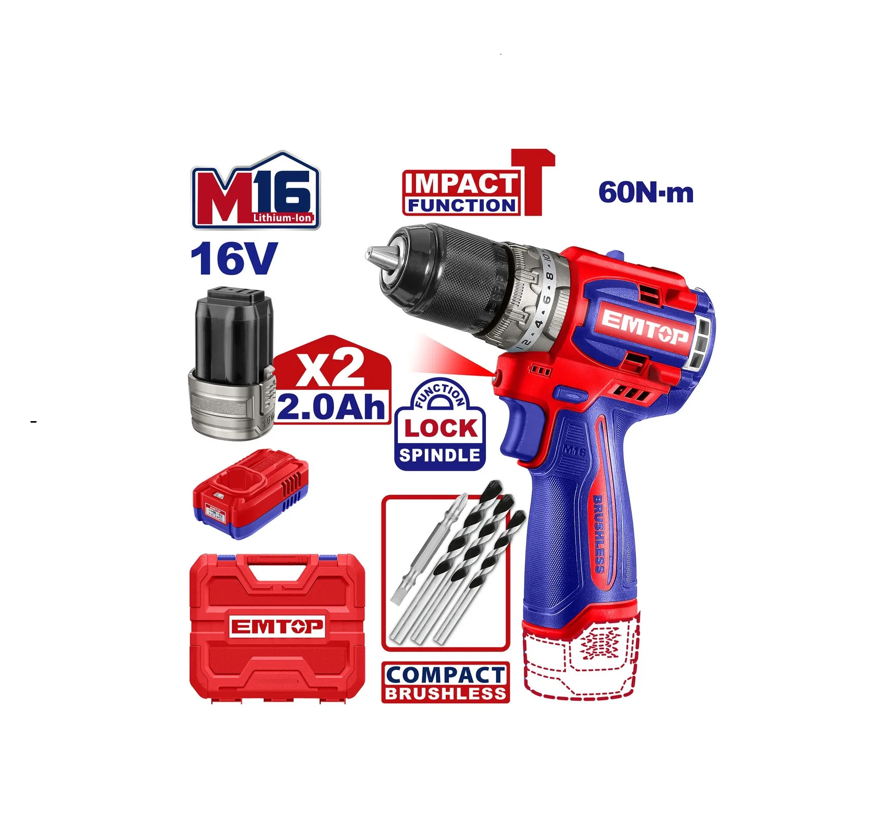 TALADRO PERCUTOR BRUSHLESS CHUCK METÁLICO 16V 60NM ECIDL16682 - EMTOP - 1